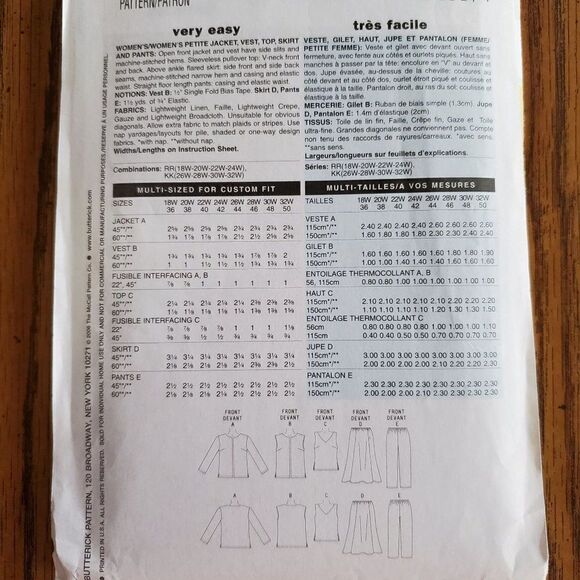 00s Butterick Pattern B4817 Uncut Jacket Vest Top Skirt Pants 18W 20 22 - Picture 3 of 3